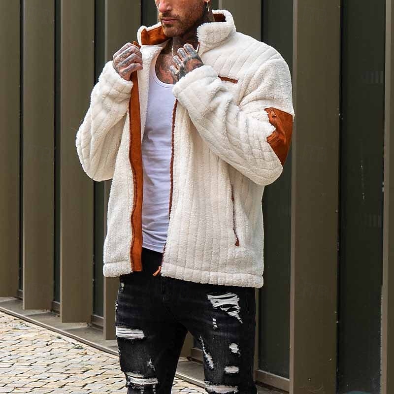 Men's Winter Jacket Fleece Jacket Teddy Coat Vacation Daily Thermal Warm Pocket Fleece Winter Color Block Fashion Streetwear Stand Collar Regular White Jacket4