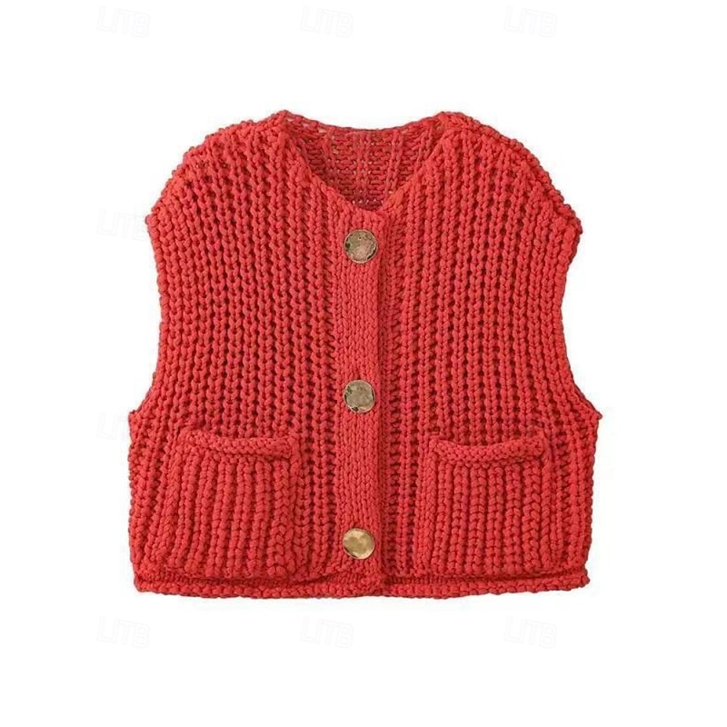 Women's Sweater Sweater Vest Cardigan Streetwear Casual Solid Color Cable V Neck Buttons Knitted Sleeveless Crop Tops Knit Daily Going out Weekend Black White Fall Winter2