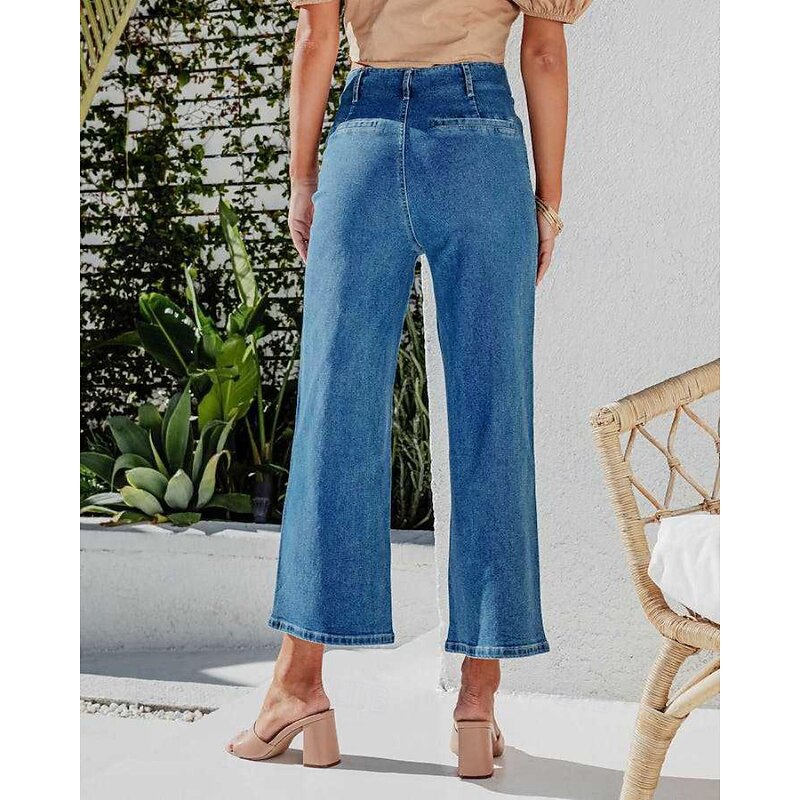 Women's Jeans Chinos Straight Streetwear Casual Full Length Medium Waist Plain Pocket Elastic Waist Comfortable Micro-elastic Outdoor Vacation Daily Black Blue Light Blue Fall Winter Regular Fit4