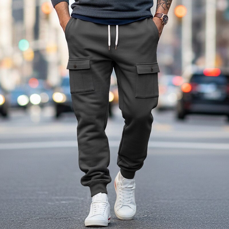 Men's Cargo Pants Sweatpants Fleece Pants Joggers Trousers Drawstring Front Pocket Plain Moisture Wicking Breathable Full Length Sports Outdoor Daily Going out Fashion Streetwear Black White4