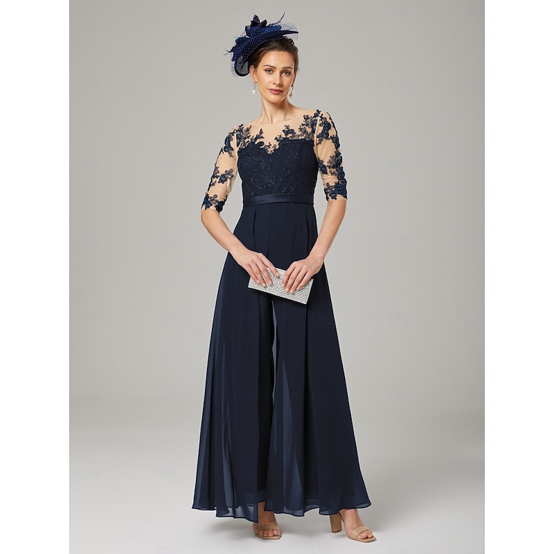 Jumpsuit Mother of the Bride  Formal Wedding Guest Elegant Party Scoop Neck Ankle Length Chiffon Lace 3/4 Length Sleeve with Appliques3