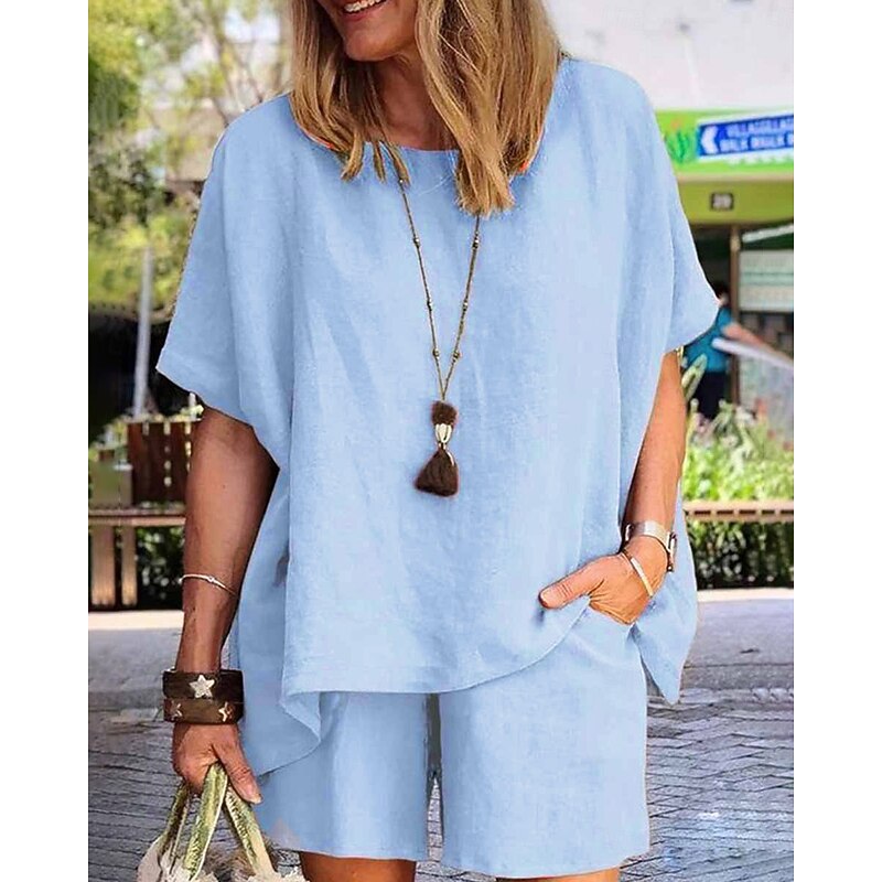 Women's Fashion Comfort Soft Linen-Inspired Sets Two Piece Sets Short Sleeve Short Pant Crew Neck Pure Color Pocket Elastic Waist Vacation Home Daily White Army Green Khaki Summer