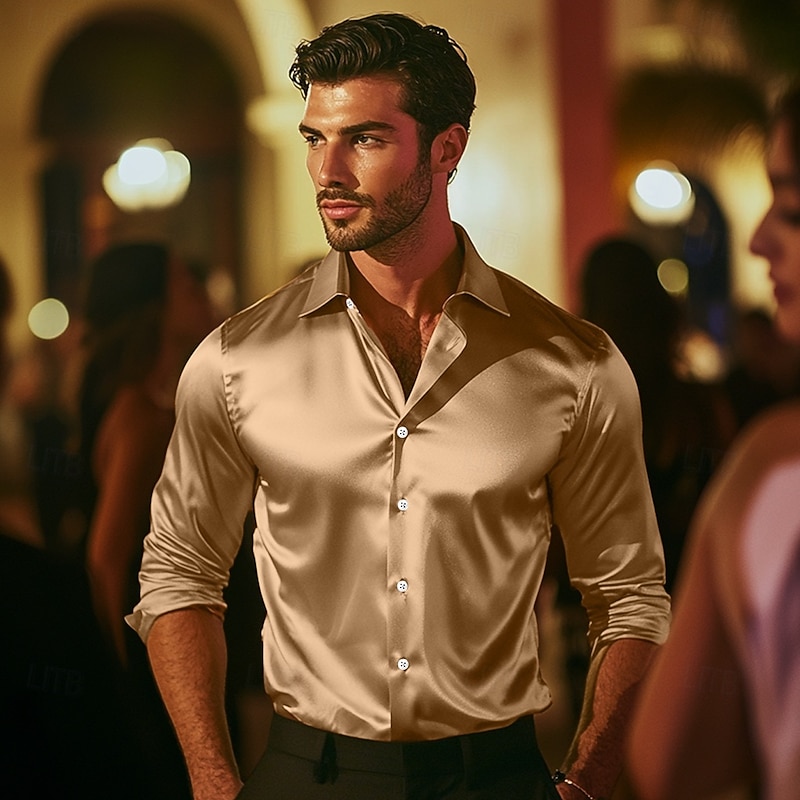 Men's Shirt Satin Shirt Dress Shirt Casual Shirt Button Up Shirt Prom Shirt Plain Formal Wedding Light Blue Black Navy Blue Royal Blue Long Sleeve Lapel All Seasons Clothing Apparel2