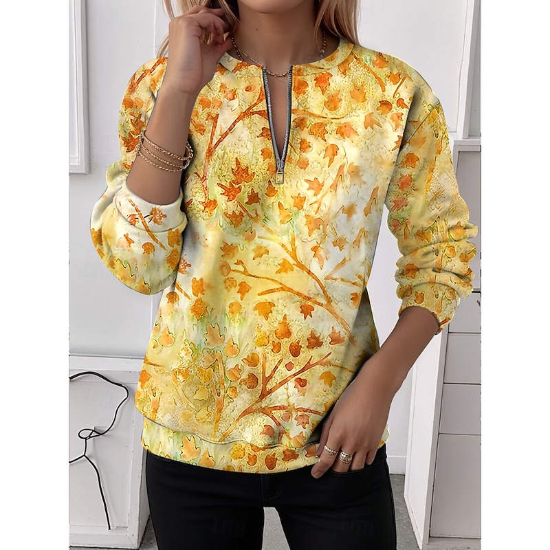 Women's Pullover Sweatshirt Zip Up Sweatshirts Floral Graphic Fashion Casual Long Sleeve Crew Neck Regular Tops Street Dailywear Zipper Print White Yellow Orange Khaki Beige Spring Fall Winter4