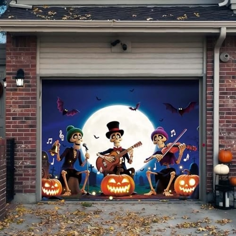 Halloween Outdoor Garage Door Cover Spooky Black White Haunted Banner Dark Ghost Girl Bloody Doll Pumpkin Large Tapestry Backdrop Decoration for Holiday Home Wall Outdoor Decor2