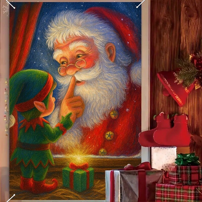 Christmas Santa with Elf Curtain, 2025 Xmas Festive Window Curtain Door Cover, Holiday Decoration for Living Room, Bedroom, Front Door Hanging Tapestry