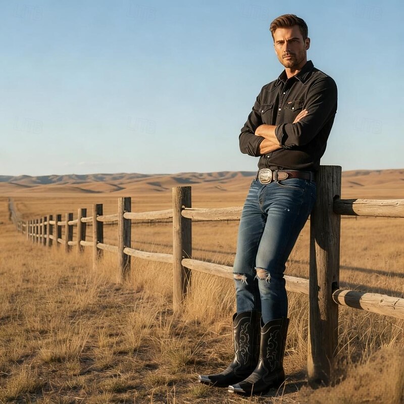 Men's Black Leather Western Boots with Silver Toe Cap and Decorative Stitching – Stylish Cowboy Boots for Rodeos, Country Events & Casual Wear3