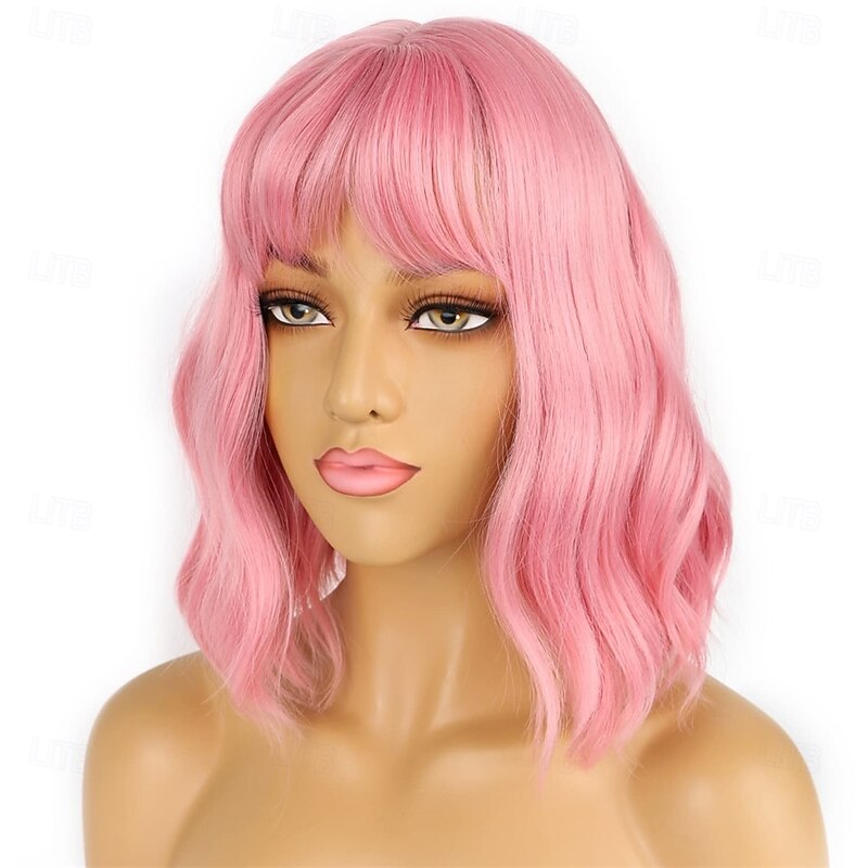 Bob Wigs with Bangs for Women Loose Wavy Wig Pastel Wavy Shoulder Length Bob Synthetic Cosplay Wig for Girl Colorful Costume Wigs3