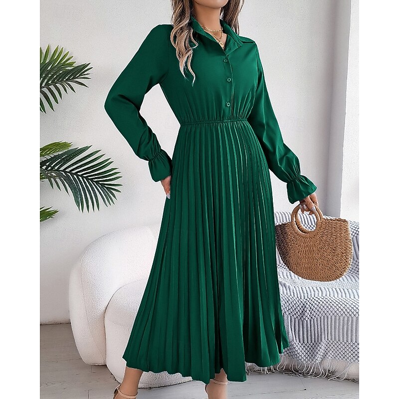 Women's Midi Dress Shirt Dress Cocktail Dress Satin Dress Ruched Dress Modern Outdoor Going out Weekend Regular Fit Plain Long Sleeve Shirt Collar Wine Army Green Royal Blue Dark Green Spring Fall2