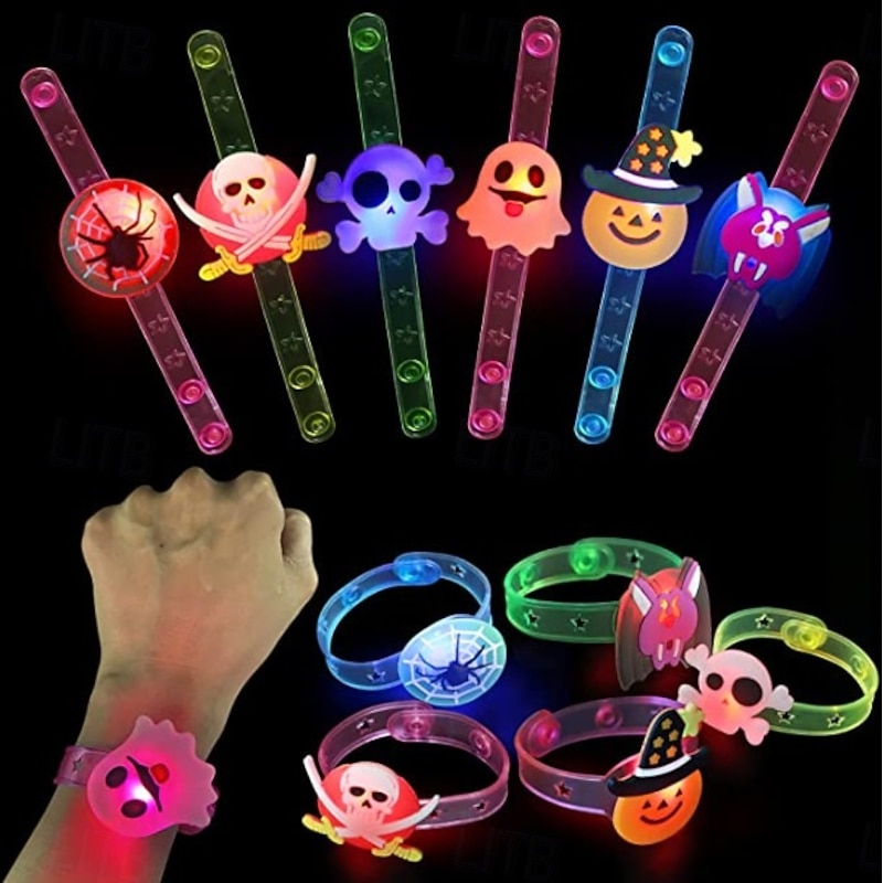 12 Pcs Halloween Party Favors for Kids Random Styles LED Light Up Braclet/Necklaces Halloween Toys Gifts Spider Ghost Glow in the Dark Trick or Treat Toys Party Supplies Halloween Treat Goodie Bag Fi - Main Image