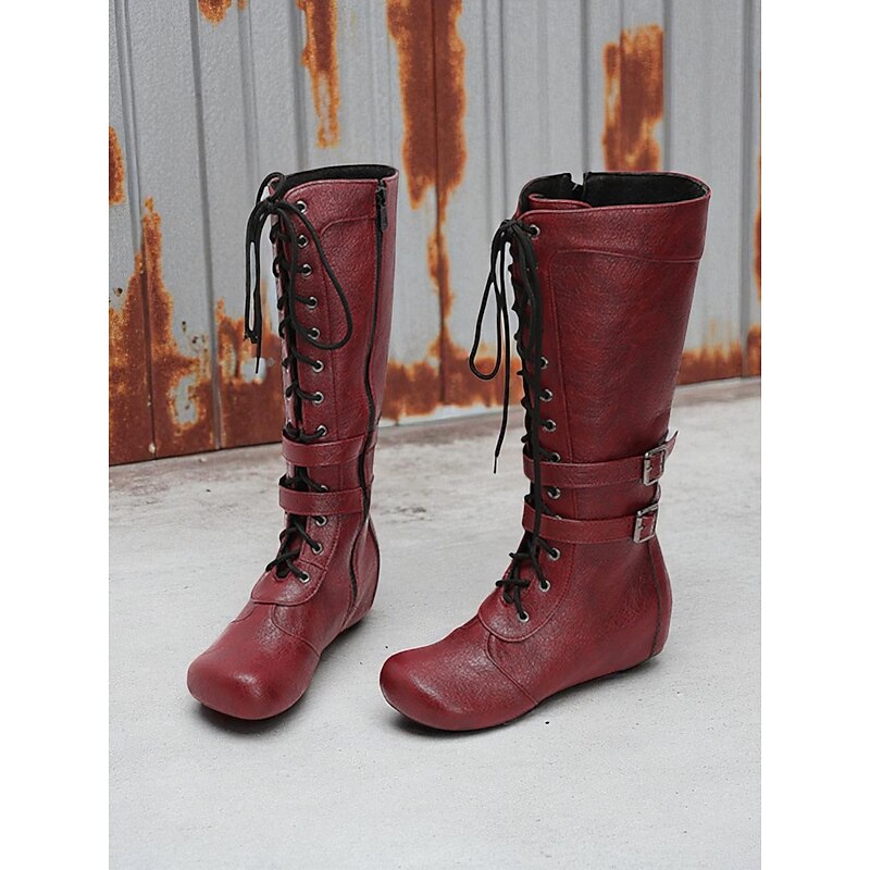 Women's Lace-Up Mid Calf Boots – Faux Leather Buckle Strap Gothic Combat Style Shoes for Casual Wear and Outdoor Activities2