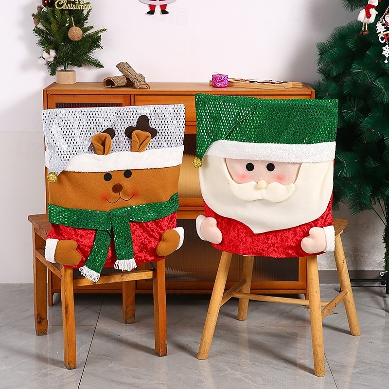 Christmas 3D Decorative Chair Covers, Gold Sequin Holiday Chair Slipcovers, Festive Dining Room Decor, European Style Xmas Party Decorations2