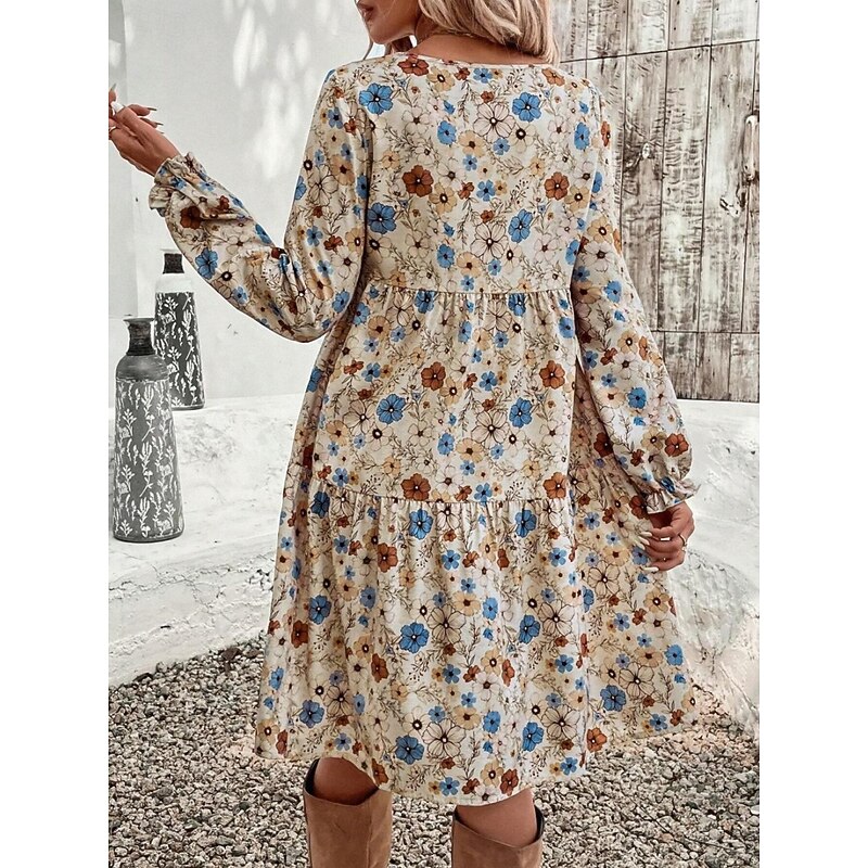 Women's Midi Dress A Line Dress Casual Daily Regular Fit Floral Long Sleeve V Neck Apricot Spring Fall3