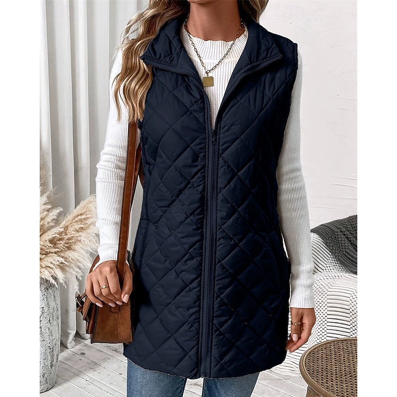 Women's Puffer Jacket Quilted Jacket Casual Jacket Waterproof Comfortable Zipper Pocket Casual Plain Vacation Street Casual Daily Wear Zipper Regular Long Turndown Regular Fit Sleeveless Outerwear2
