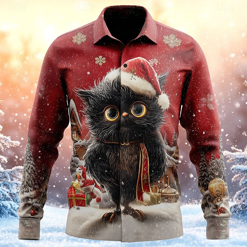 Christmas Men's Animal Cat Alpaca Shirt Button Up Shirt Long Sleeve Funny Outdoor Holiday Spring Fall Turndown 3D Print Collared Shirts Red 1 Red Blue Dark Green