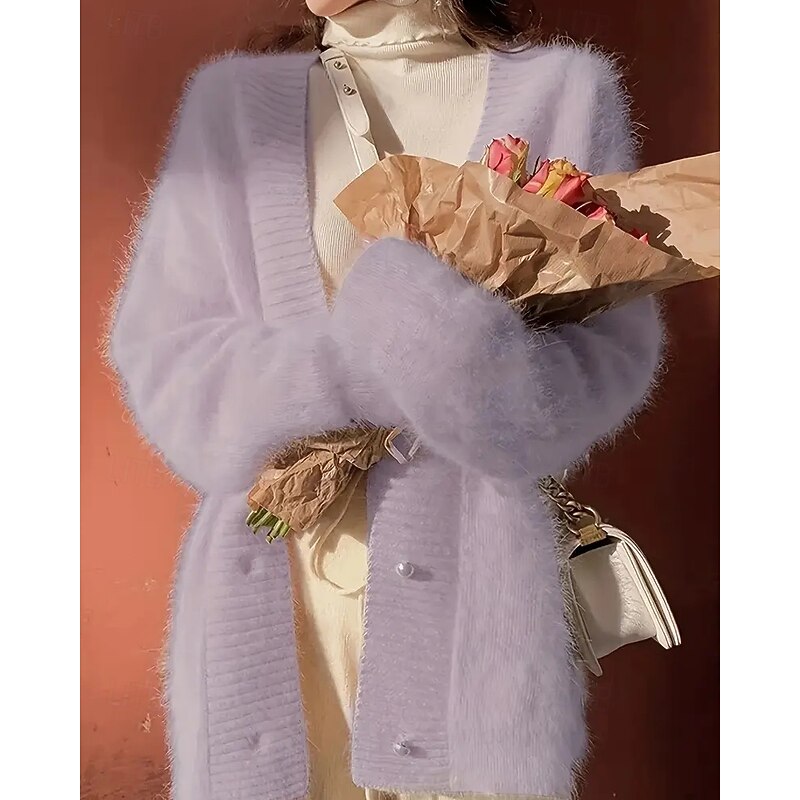 Women's Sweater Cardigan Elegant Fashion Streetwear Solid Color V Neck Pocket Knitted Long Sleeve Regular Tops Knit Outdoor Daily Weekend Purple Fall Winter