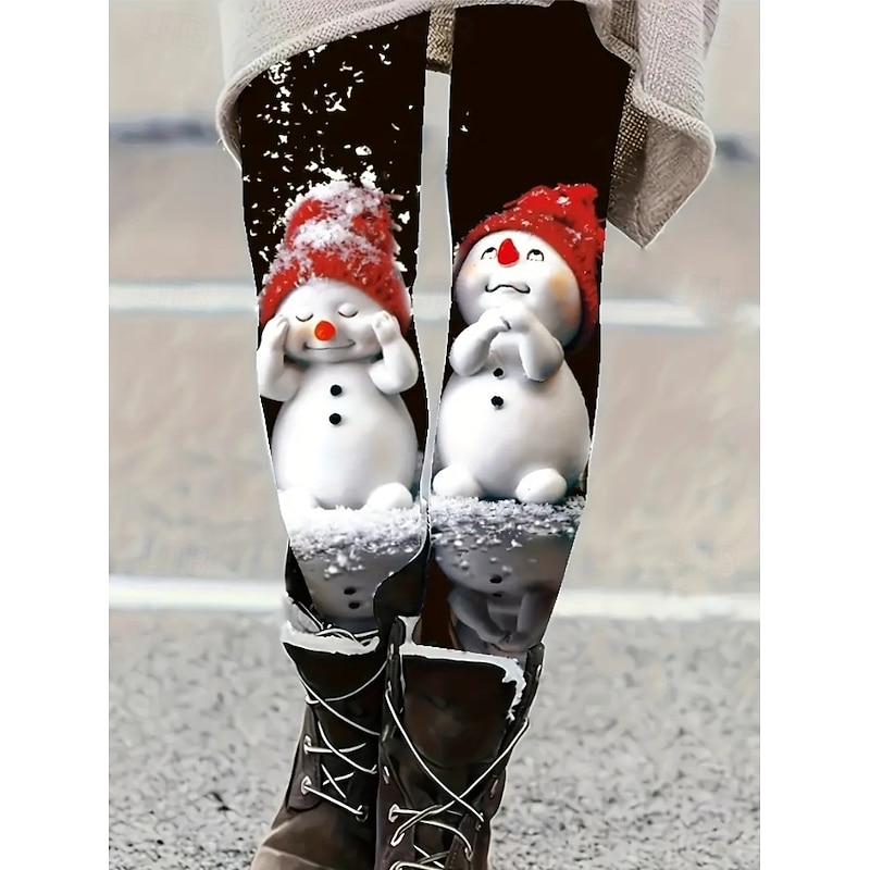Women's Leggings Fashion Basic Casual Full Length High WaistPantsUgly Christmas Graphic Snowman Snowflake Printing Thermal Warm Soft Breathable Stretchy Outdoor Vacation Street Black Red Blue