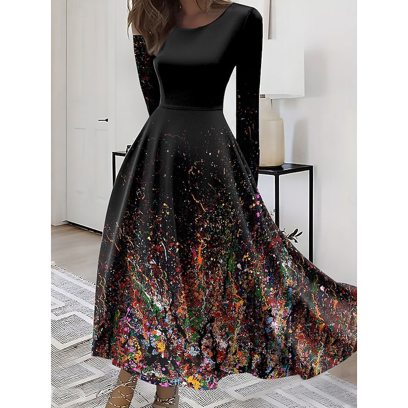 Women's Midi Dress A Line Dress Fit And Flare Dress Vacation Casual Boho Party Daily Going out Regular Fit Ombre Graphic Long Sleeve Crew Neck Red Blue Purple Green Summer Spring Fall Winter