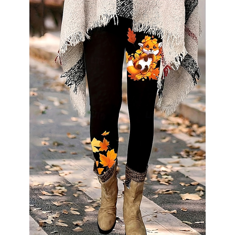 Women's Leggings Vacation Vintage Fashion Full Length High Waist Graphic Leaf Dog Printing Thermal Warm Soft Breathable High Elasticity Outdoor Vacation Street Black Spring Fall Winter Slim Fit - Main Image