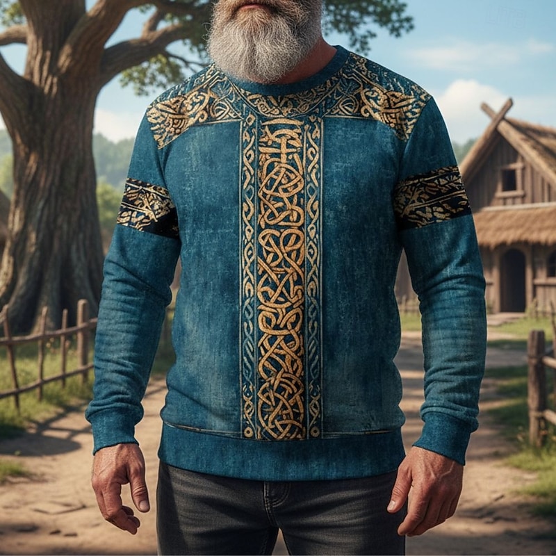 Men's Sweatshirt Army Green Blue Dark Gray Crew Neck Celtic Knot Print Casual Daily Holiday Vintage Viking Fall Winter Clothing Apparel Hoodies Sweatshirts