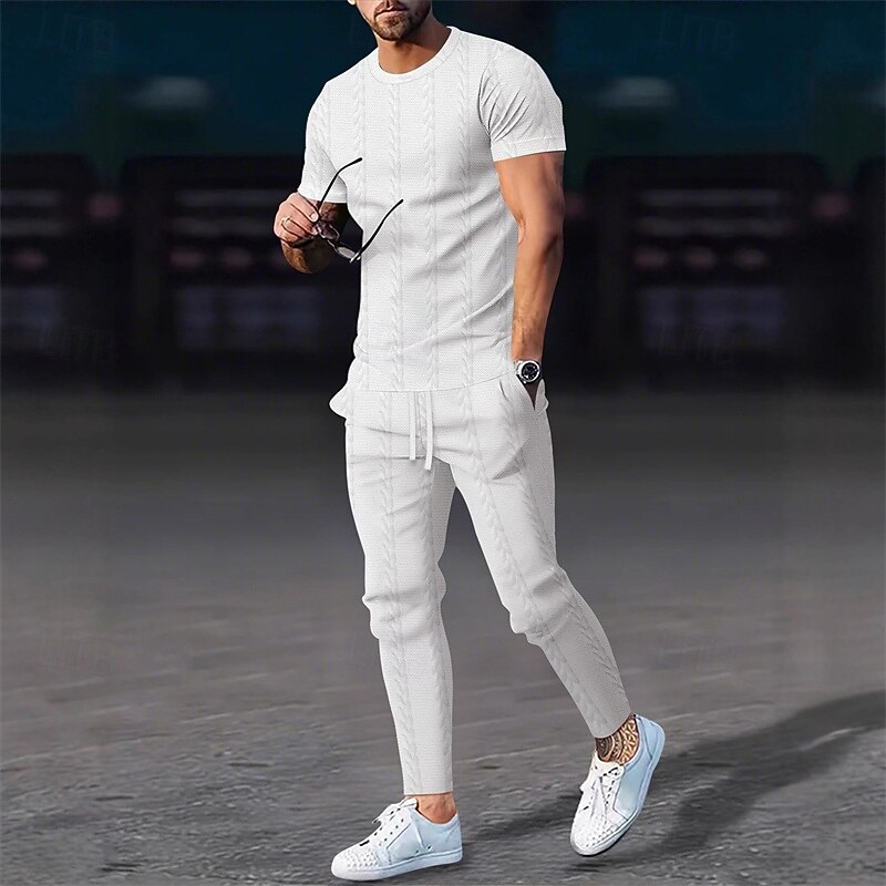 Men's T-shirt Suits Shirt and Pant Sets 2 Pieces Outfits Short Sleeve Crewneck Summer Spring Plain Fashion Casual Jacquard 2 Piece Vacation Daily Wear Going out Black White Khaki Top Tee for Men