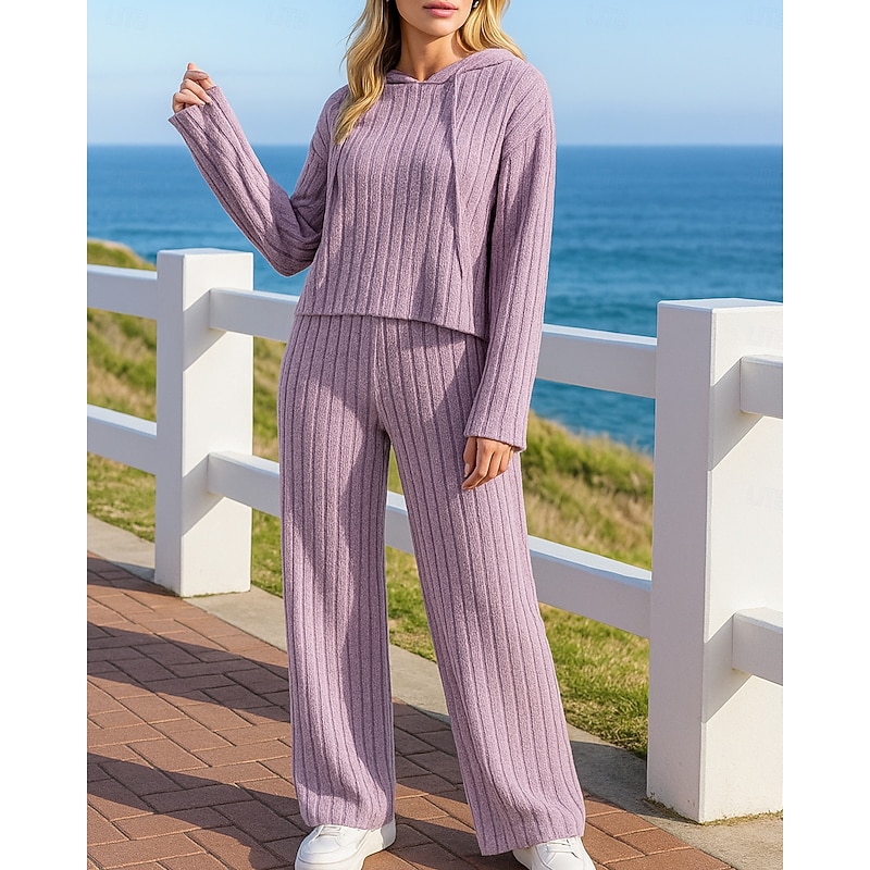 Women's Knitted Sweatsuits Hooded Sweatshirt Lounge Suits Drawstring Solid Colored Clothing Suit Fall Black Purple Vocation Outdoor Travel Lightweight Fashion Long Sleeve Sport Activewear