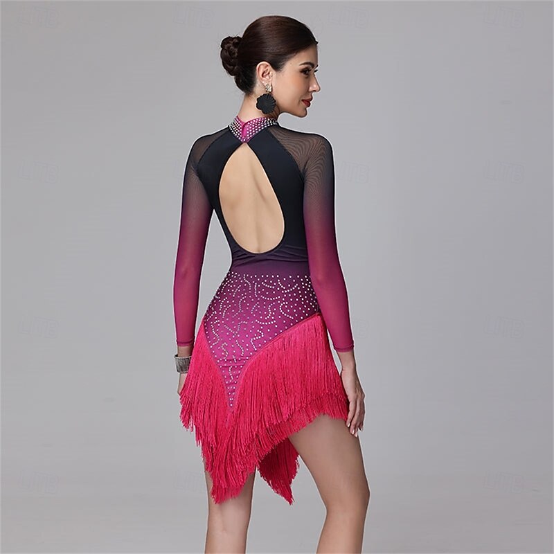 Women's Ombre Pink and Black Latin Dance Dress with Rhinestone Detailing, Long Sleeves, Fringed Skirt - Perfect for Salsa, Rumba, and Performance Wear4