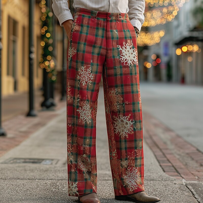 Christmas Men's Grid / Plaid Snowflake Trousers Dress Pants Suit Pants Mid Waist Fashion Casual Outdoor Holiday Relaxed Fit Flat Front Dress Pants with Side Pockets Spring Fall 3D Print Red