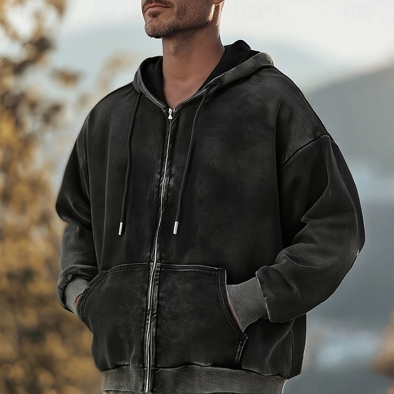 Men's Full Zip Hoodie Pullover Hoodie Sweatshirt Distressed Hoodie Black Hooded Plain Pocket Casual Daily Going out Streetwear Casual Fall & Winter Clothing Apparel Hoodies Sweatshirts