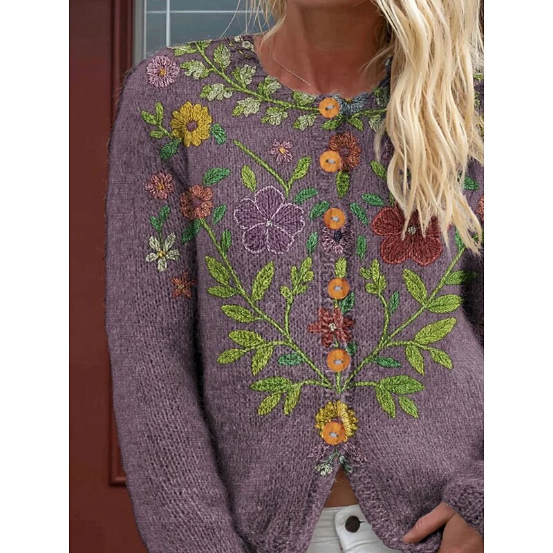 Women's Cardigan Fashion Daily Casual Floral Graphic Ribbed Crew Neck Buttons Print Long Sleeve Regular Tops Knit Outdoor Daily Date Purple Fall Winter2