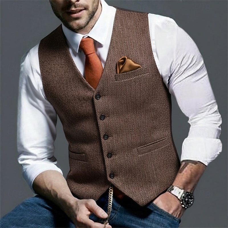 Men's Tweed Vest Waistcoat Formal Wedding Vacation Daily Vintage Fashion Spring Fall Pocket Buttons Polyester Comfortable Herringbone Single Breasted V Neck Lapel Slim Fit Brown Light Grey Dark Gray