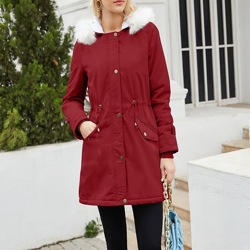 Women's Parka Warm Comfortable Zipper Pocket With Belt Fur Collar Casual Solid Color Vacation Street Casual Daily Wear Long Hooded Regular Fit Long Sleeve Outerwear Black Pink Wine Winter2