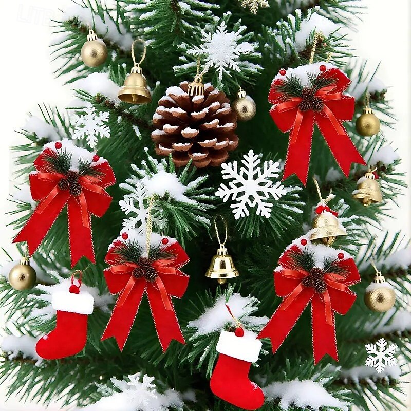 6/12Pcs Large Christmas Tree Bow Ornaments, DIY Velvet Ribbon with Trim, Xmas Tree Topper and Hanging Decorations for Holiday Home Décor3