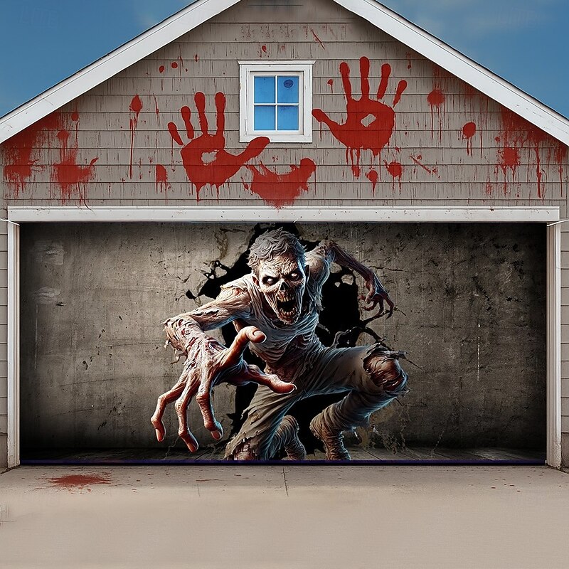 Halloween Garage Door Cover Skull Breaking Through Door Banner Haunted House Horror Scene Spooky Backdrop Tapestry for Outdoor Wall Fence Yard Halloween Party Decoration3