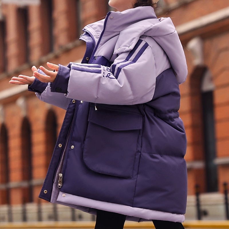 Kids Girls' Down Jacket Outdoor Jacket Puffer Jacket Color Block Fashion Waterproof Keep Warm Windproof Outdoor Coat Outerwear 4-12 Years Fall Pink Purple Khaki3