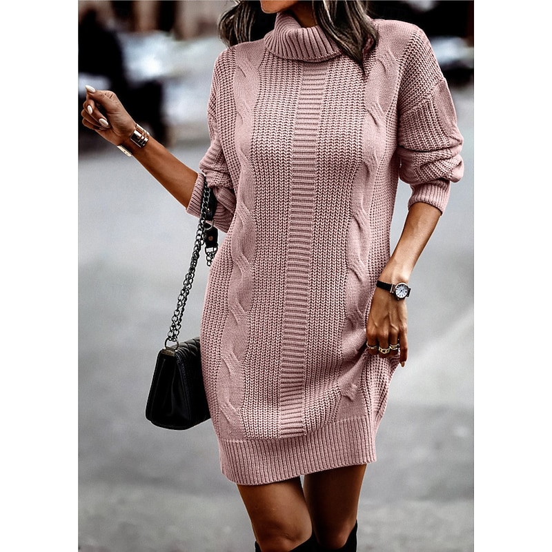 Women's Knee Length Dress Sweater Dress A Line Dress Casual Holiday Regular Fit Plain Long Sleeve Turtleneck Black Pink Blue Green Fall Winter