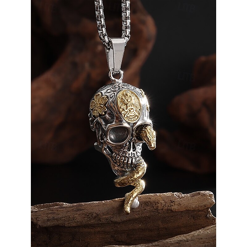 Men's Halloween Skull Snake Pendant Necklace, Gothic Punk Style Alloy Chain Jewelry for Parties, Cosplay and Festivals