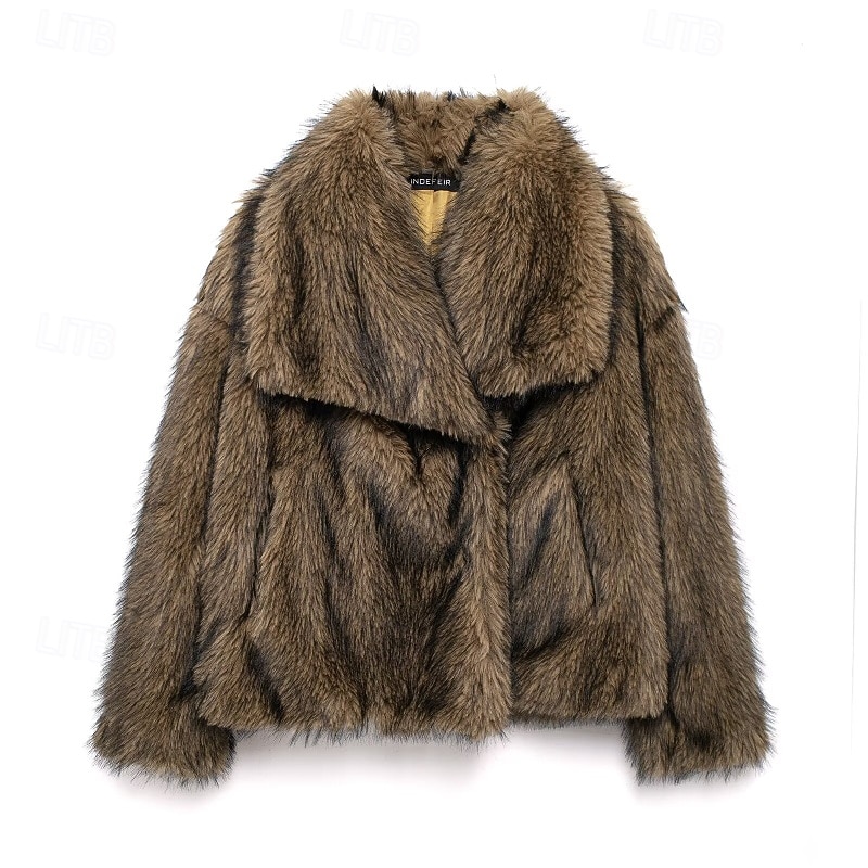 Women's Faux Fur Coat Warm Comfortable Pocket Furs & Leathers Casual Plain Outdoor Vacation Street Going out Regular Turndown Regular Fit Long Sleeve Outerwear Brown Fall Winter