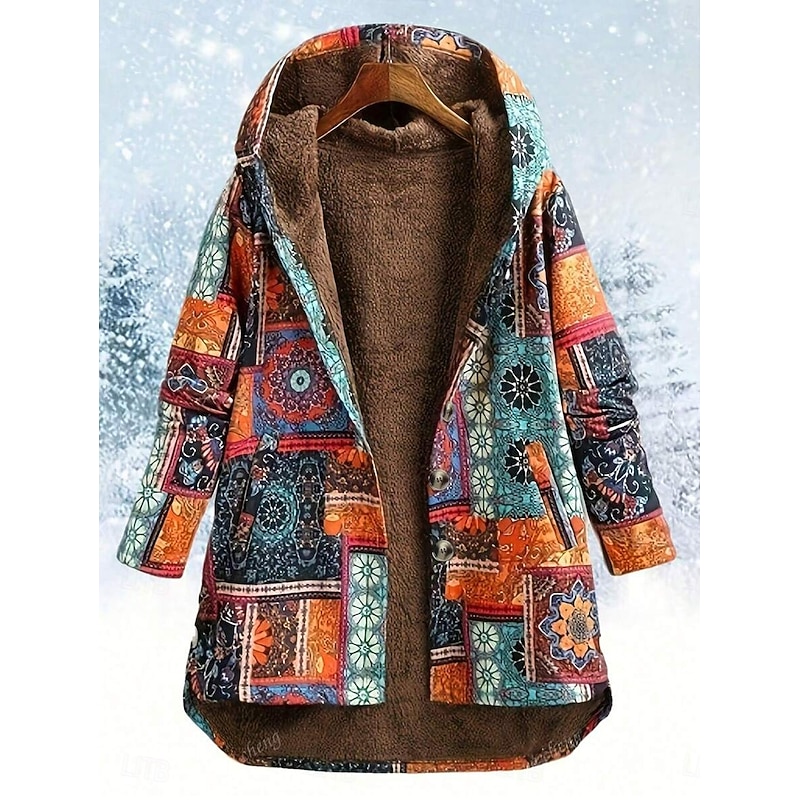 Women's Sherpa Jacket Casual Jacket Comfortable Breathable Print Casual Geometric Vacation Street Casual Daily Wear Open Front Long Hooded Regular Fit Long Sleeve Outerwear Orange Spring Fall