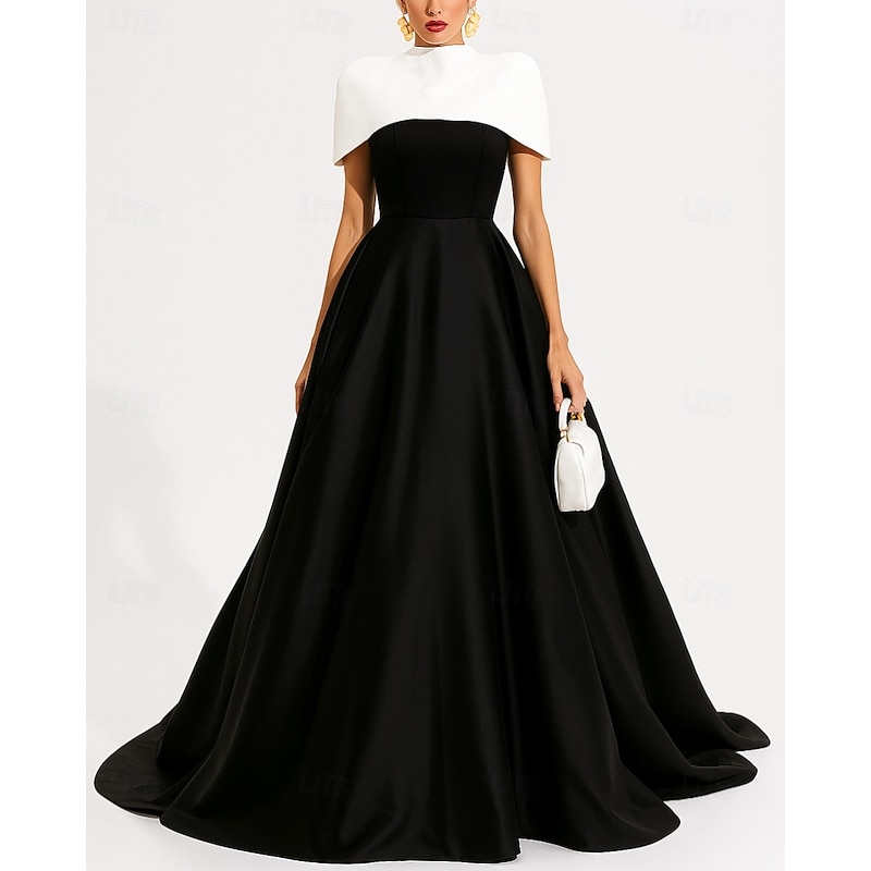 Black White Ball Gown A-Line Evening Gown Elegant Formal Dress Formal Wedding Floor Length Sleeveless High Neck Pink Dress Satin with Pocket Shawl 20254
