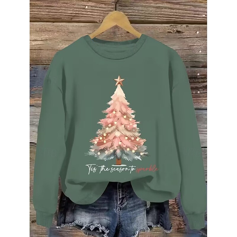 Women's Sweatshirts Graphic Christmas Tree Vintage Casual Long Sleeve Round Neck Regular Tops Street Dailywear Casual Print Pink Red Dark Green Green Fall Winter3