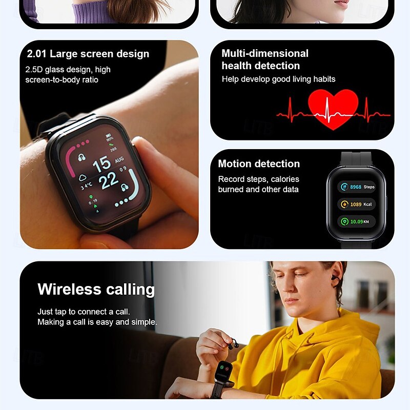 TWSD12 Smart Watch 2.01 inch Smartwatch Fitness Running Watch Bluetooth Temperature Monitoring Activity Tracker Sedentary Reminder Compatible with Android iOS Women Men Long Standby Hands-Free Calls4