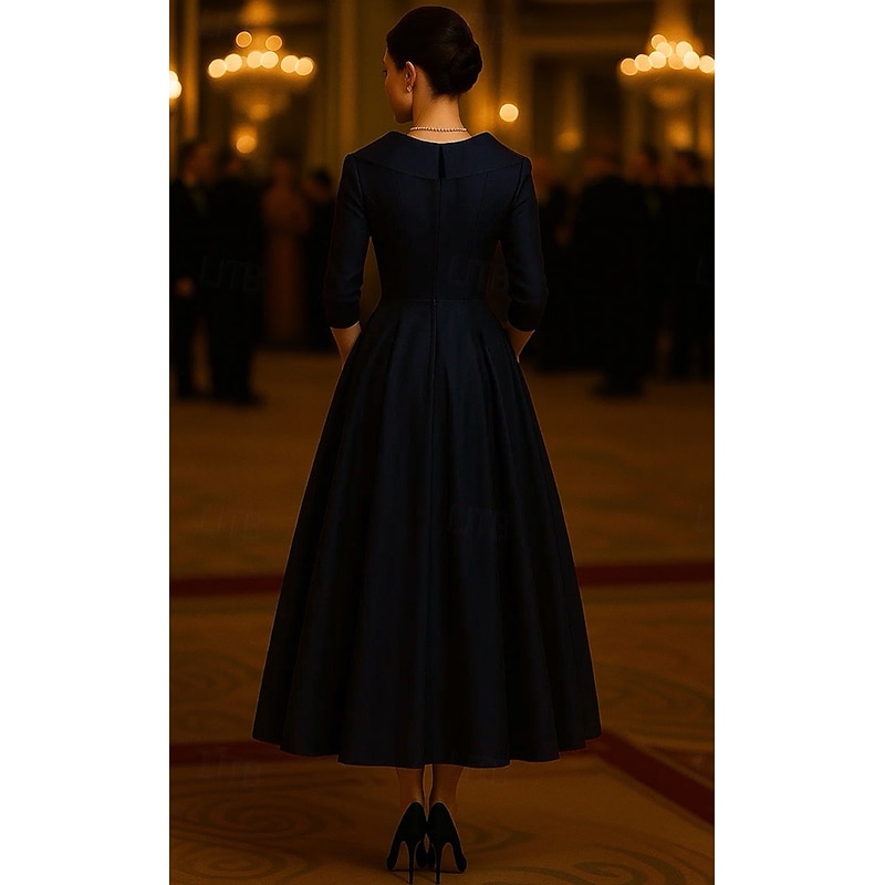 A-Line Portrait Collar Mother of the Bride Dress Elegant Vintage V Neck Tea Length Midi Length Stretch Satin 3/4 Length Sleeve with Ruching Solid Color3