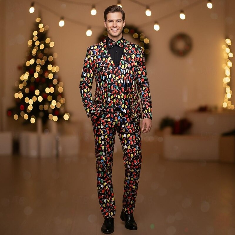 Christmas Party Suit Three Piece Suit Blazer Men's Funny Christmas Lights Pattern Fancy Dress Adults Christmas New Year Party Trousers waistcoat Suit - Main Image