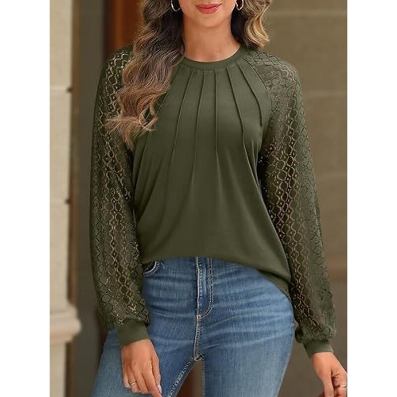 Women's Blouse Solid Color Elegant Stylish Basic Long Sleeve Crew Neck Regular Tops Daily Patchwork Black White Navy Blue Green Apricot Spring Fall Winter4