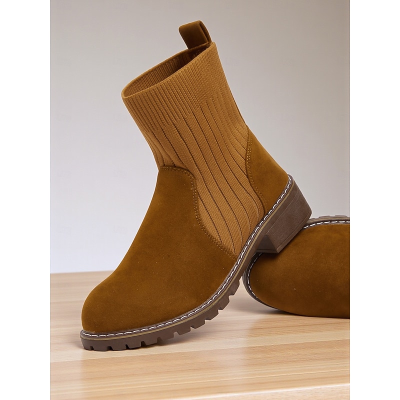 Women's Light Brown Faux Suede Ankle Boots with Ribbed Knit Shaft – Cozy Autumn Winter Chelsea Style Boots for Casual Outfits