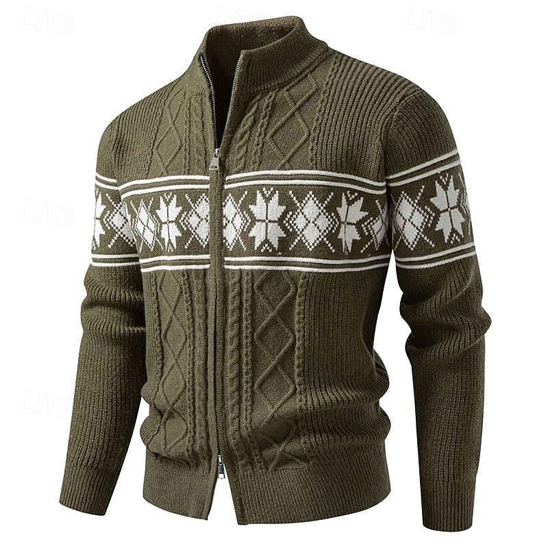 Men's Sweater Cardigan Sweater Fair Isle Sweater Ribbed Knit Regular Tops Knitted Plain Stand Collar Vacation Fashion Casual Daily Wear Clothing Apparel Winter Spring &  Fall Black White M L XL4