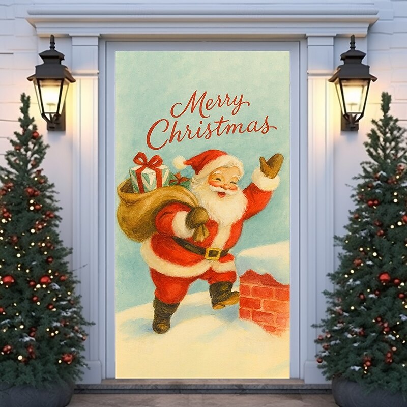 Christmas Door Cover, Vintage Santa Claus with Gift Bag Holiday Door Curtain, Classic 2025 Xmas Door Hanging for Party Porch Home Decoration