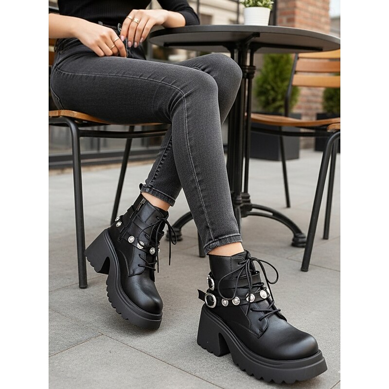 Women's Black Platform Biker Boots with Lace Up and Side Zipper - Chunky Sole Fashion Ankle Boots for Casual Streetwear and Fall Outfits3