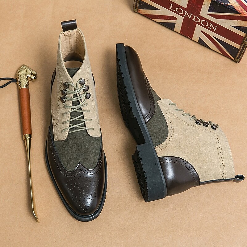 Men's Tan and Olive Green Faux Leather Hiking Boots with Durable Outsole, Ideal for Outdoor Adventures, Hiking and Casual Outings4